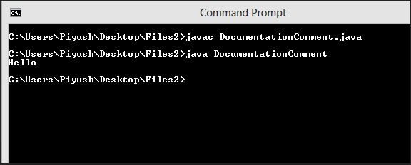 This image describes output of the sample program containing documentation comment in java.